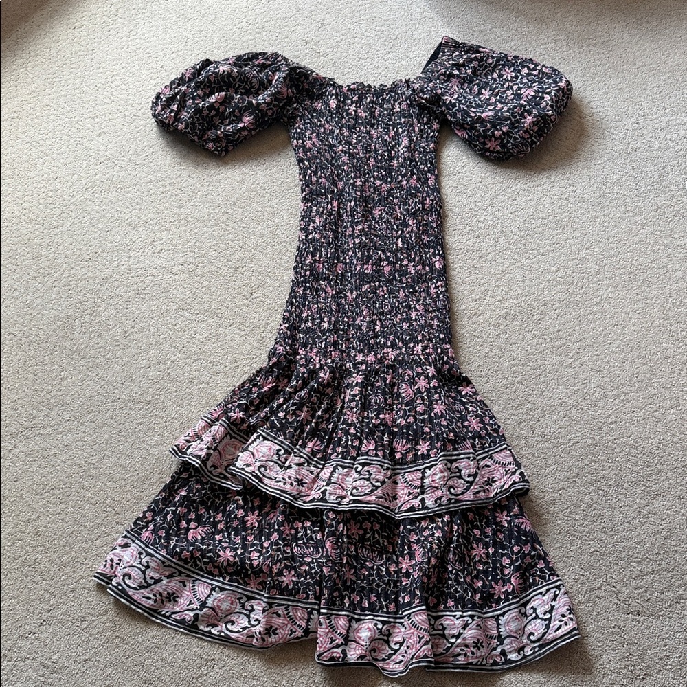 Cleobella Black & Pink Smocked midi Dress. Organic cotton.sz S
